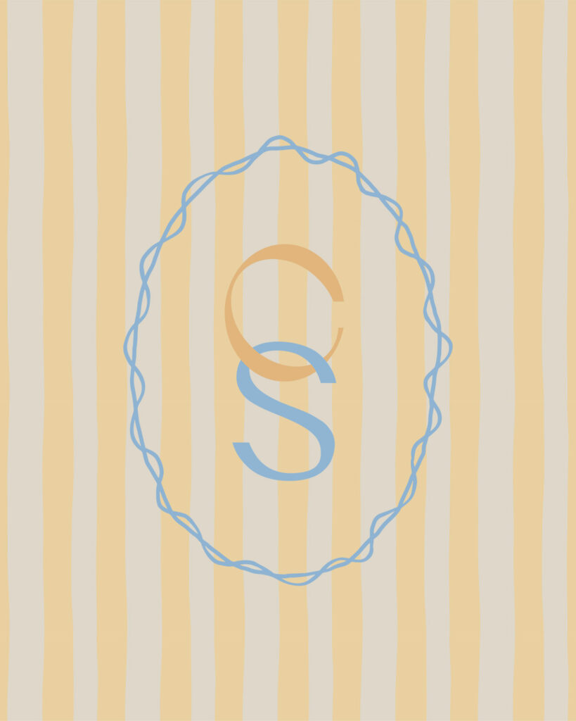 logo sub-mark on striped brand pattern